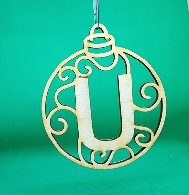Christmas Ornament "U" Monogram Wood Gift Tag Alpha Holiday Laser Cut Initial