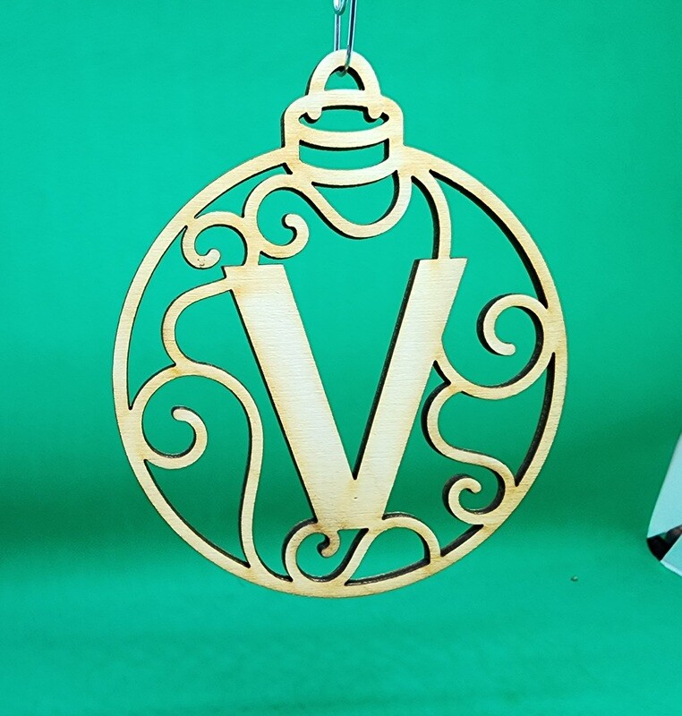 Christmas Ornament &quot;V&quot; Monogram Wood Gift Tag Alpha Holiday Laser Cut Initial