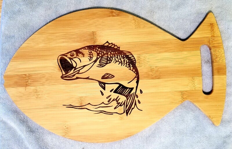 Cutting Board, Bamboo, Bass Image Laser Engraved On a Fish Shape
