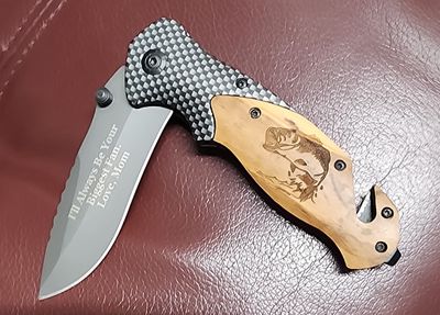 Pocket Knife, Bass Image, Laser Engraved, Personalized, Wood Handle,  Item WD Bass
