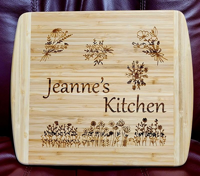 Cutting Board, Bamboo, Wildflowers, Personalized, 2 Tone, Laser Engraved,10 x 14