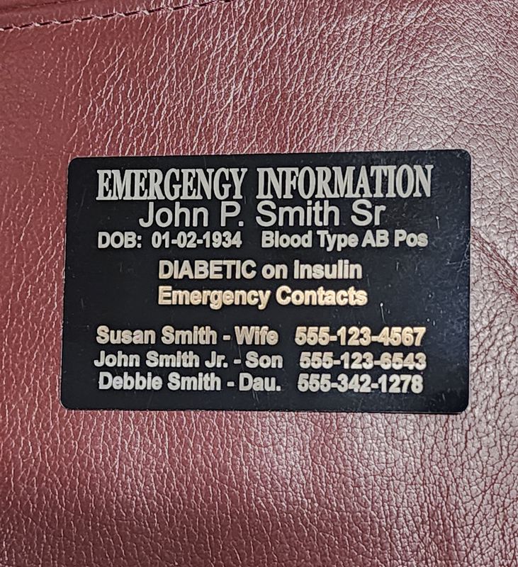 Medical Information Wallet Card, Laser Engraved, Personalized , Both Sides, Aluminum.