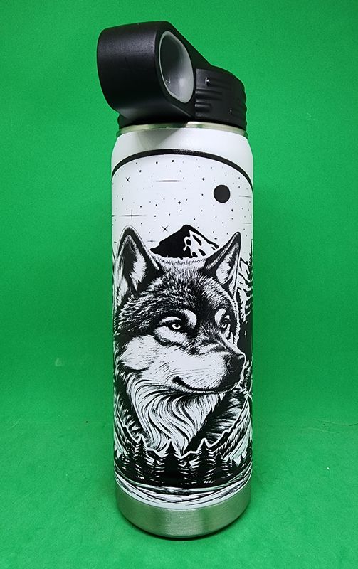 Insulated Bottle Wolf Mountain Ghost Black Wrap Laser Engraved 32 oz