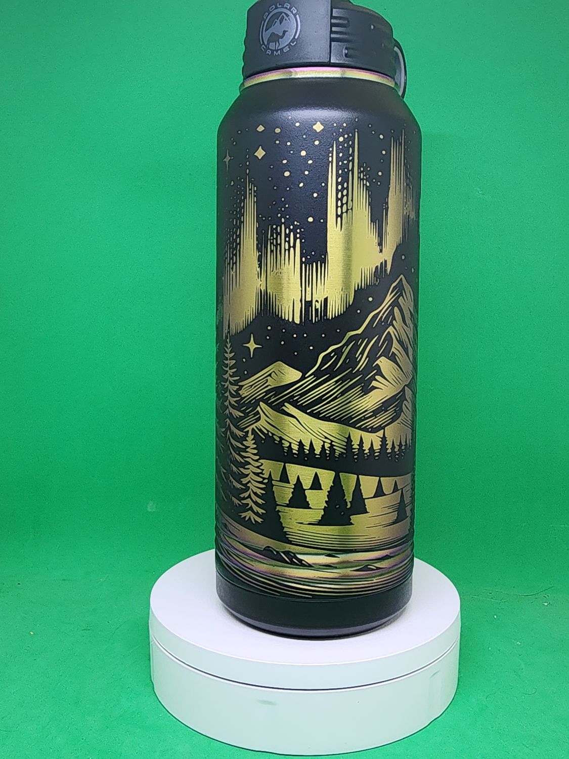 Insulated Bottle Mountain Scene Black Prism Color Wrap Laser Engraved 20 oz