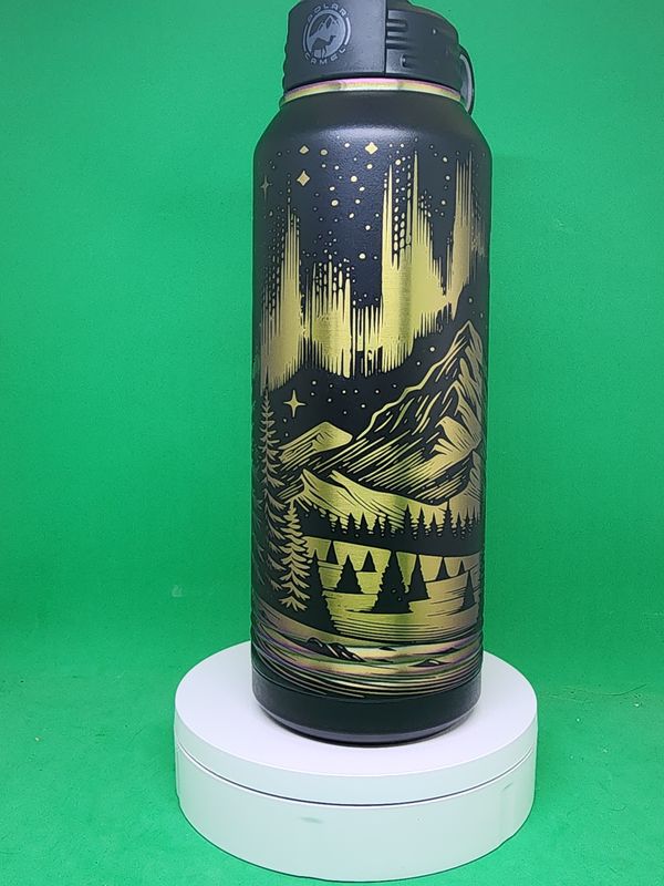 Insulated Bottle Mountain Scene Black Prism Color Wrap Laser Engraved 20 oz