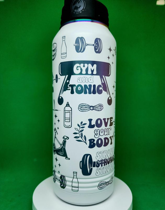Insulated Bottle Work Out, Ladies, White Ghost Black Finish Wrap Laser Engraved 32 oz