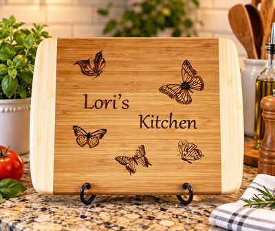Cutting Board, Bamboo, Personalized, 2 Tone, Laser Engraved With Butterflies,10 x 14