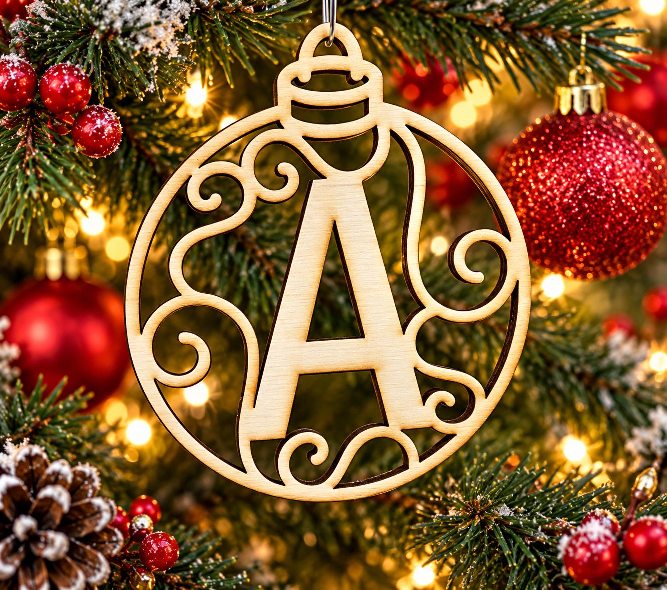 Christmas Ornament "A" Monogram Wood,  Gift Tag Alpha Holiday Laser Cut Initial