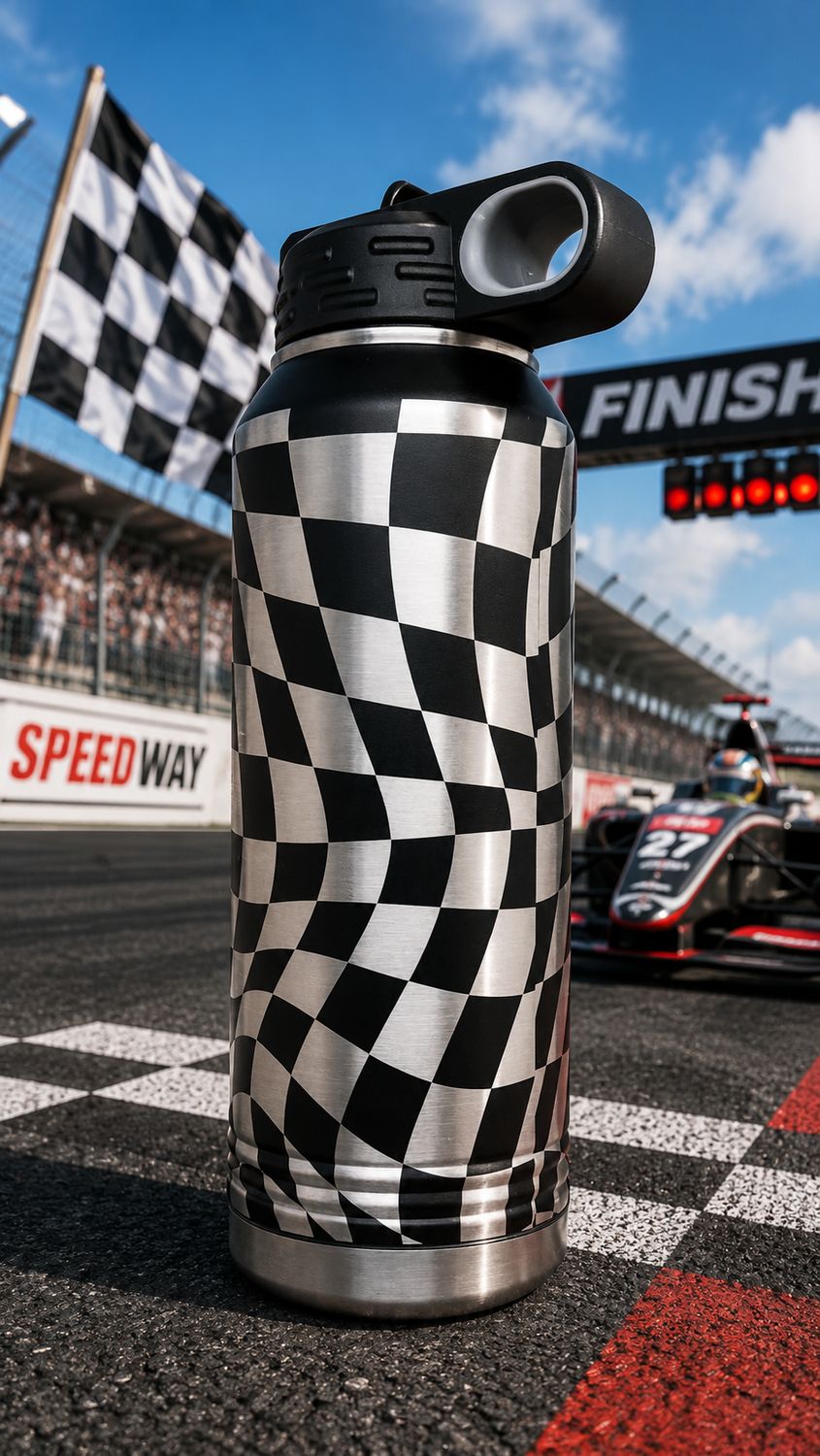 Insulated Bottle Checkered Flag, Wrap Laser Engraved