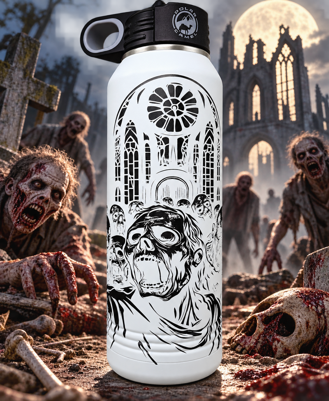 Insulated Bottle Zombie Wrap White Ghost Black Laser Engraved 32 oz Insulated Bottle