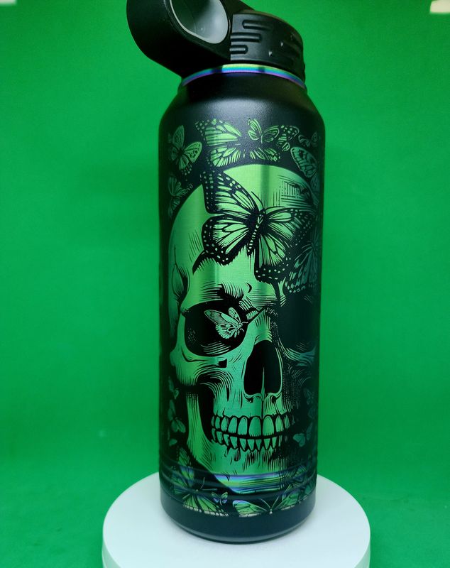 Insulated Bottle Skull with Butterflies Wrap Laser Engraved 32 oz Black Prism,