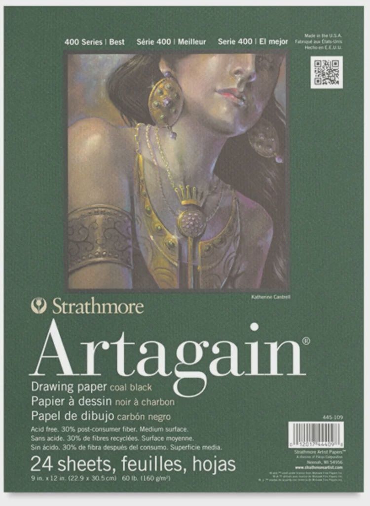 ARTAGAIN COAL BLACK TAPE TOP PAD 24 SHEETS 60LB 9X12