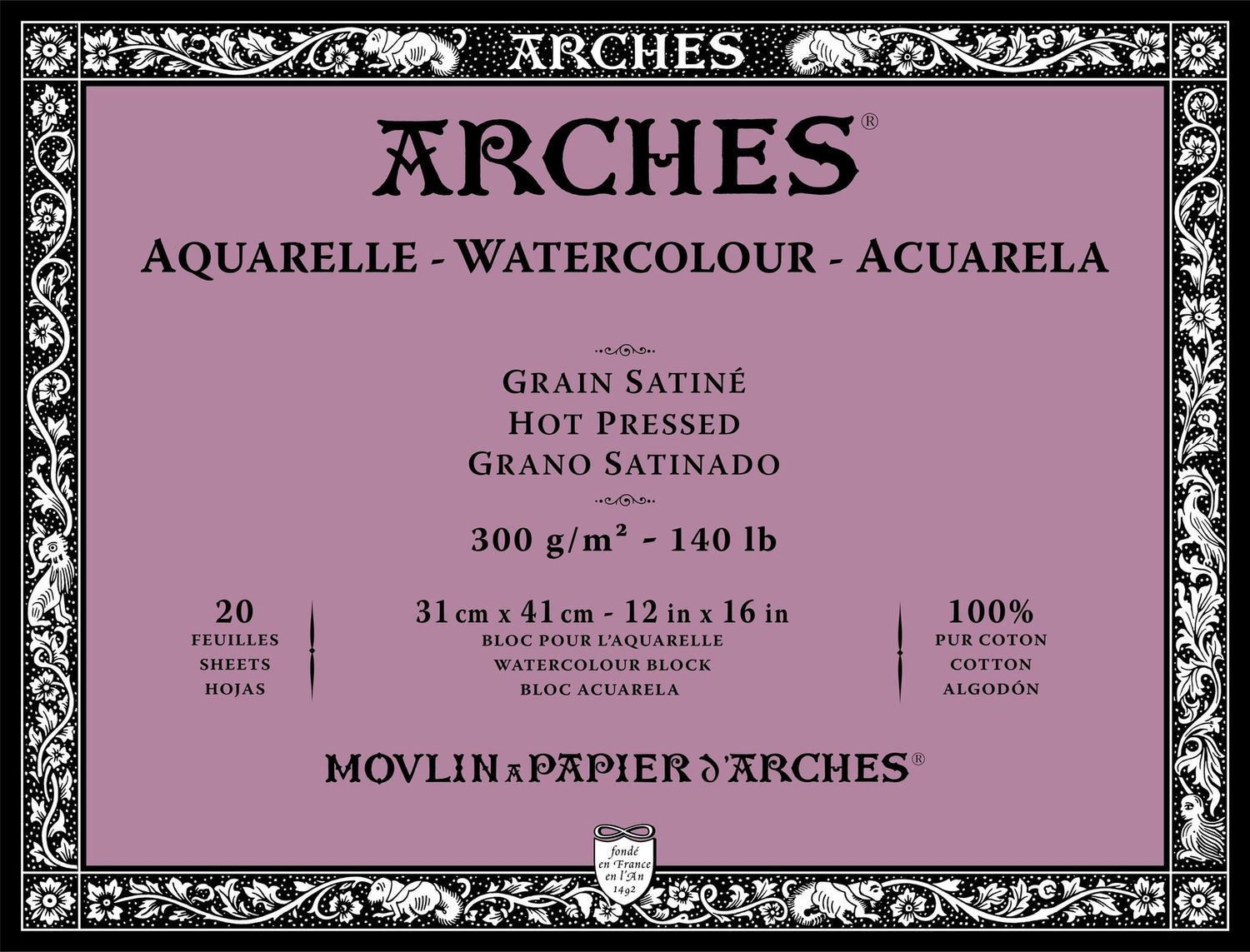 ARCHES WATERCOLOUR HOT PRESS BLOCK NATURAL WHITE 140LB 12X16
