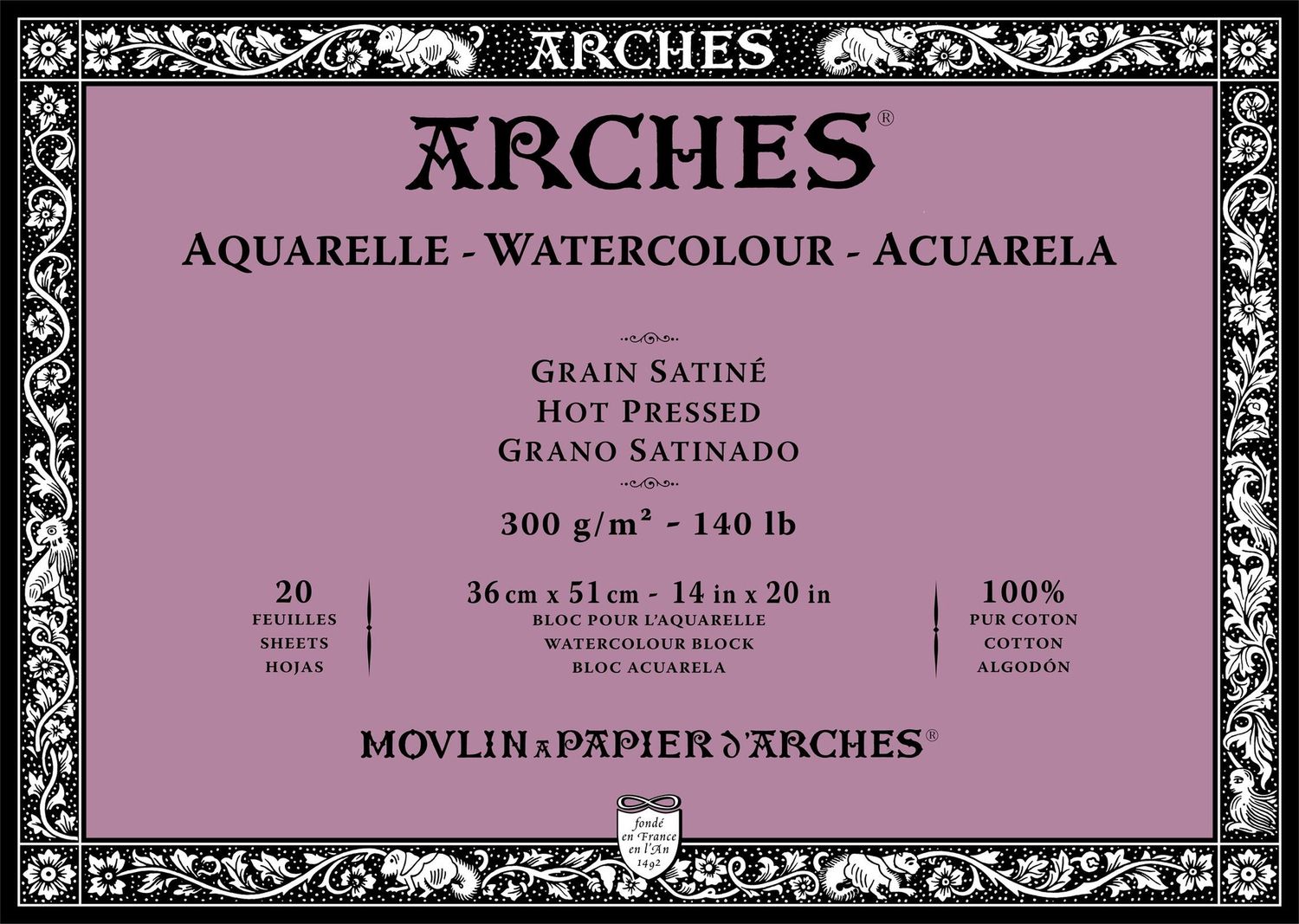 ARCHES WATERCOLOUR HOT PRESS BLOCK NATURAL WHITE 140LB 14X20