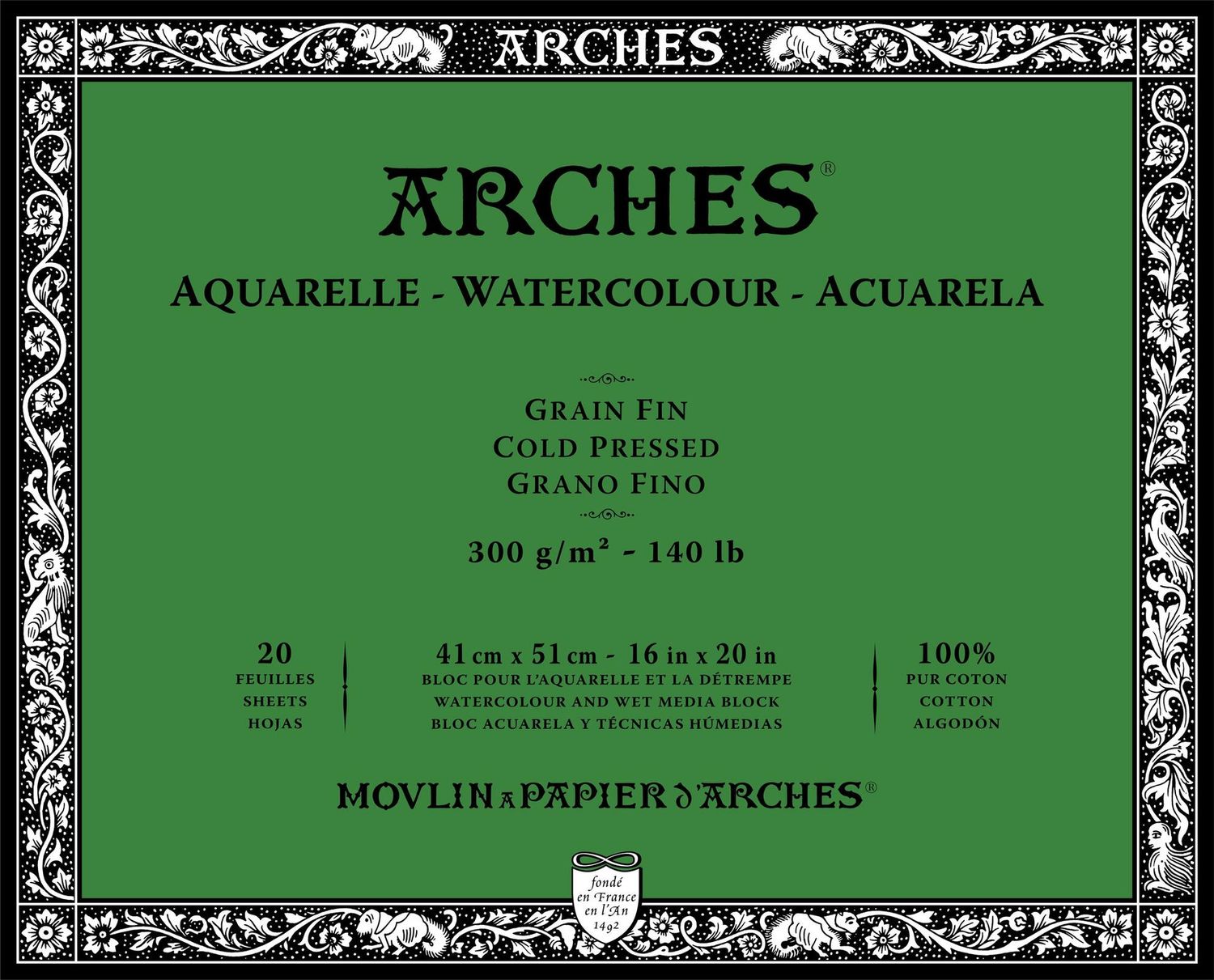 ARCHES WATERCOLOUR COLD PRESS BLOCK NATURAL WHITE 140LB 16X20