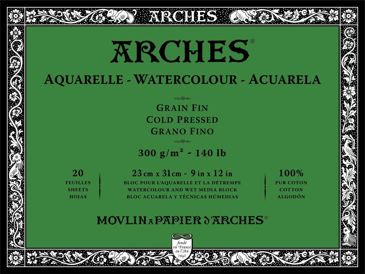ARCHES WATERCOLOUR COLD PRESS BLOCK NATURAL WHITE 140LB 9X12