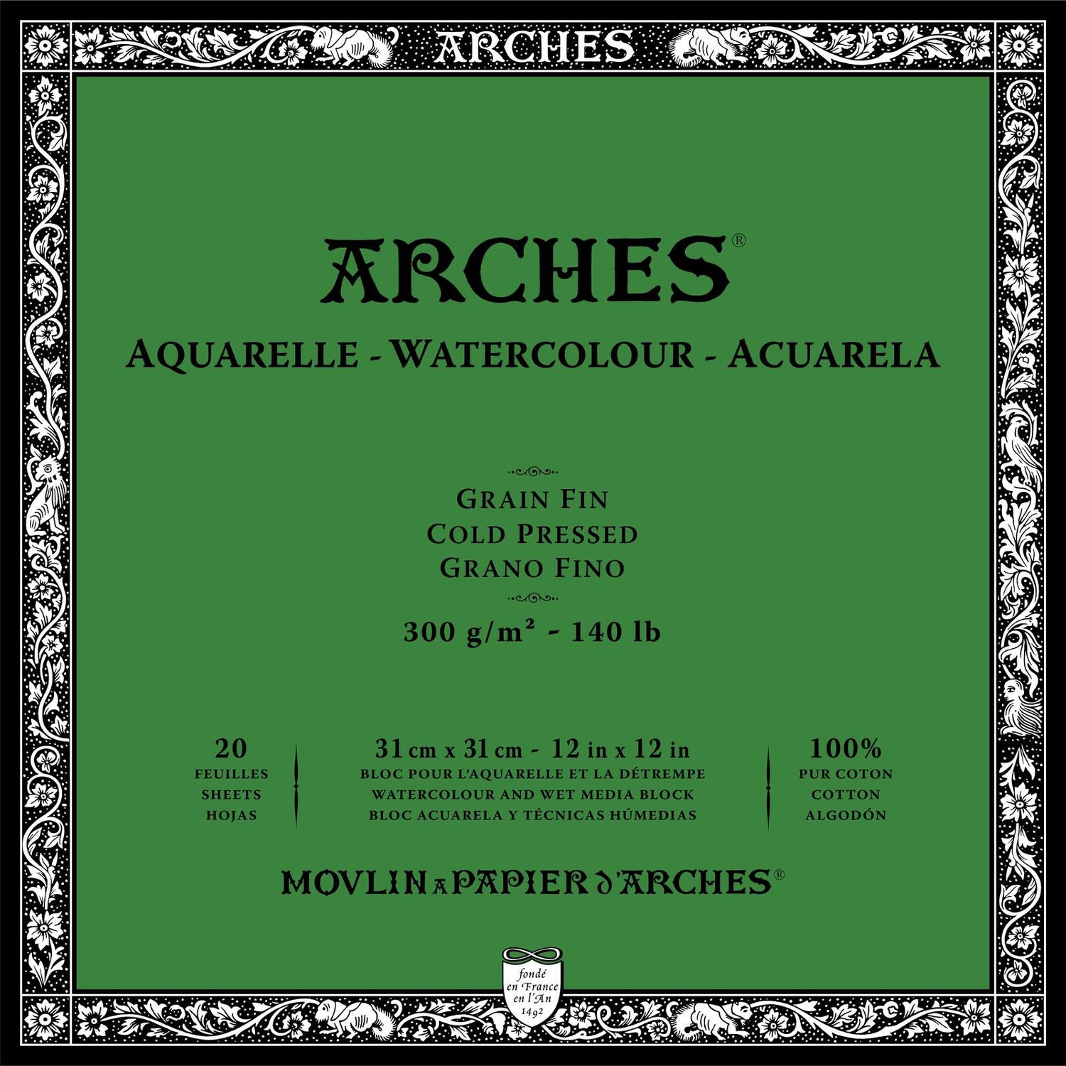 ARCHES WATERCOLOUR COLD PRESS BLOCK NATURAL WHITE 140LB 12X12