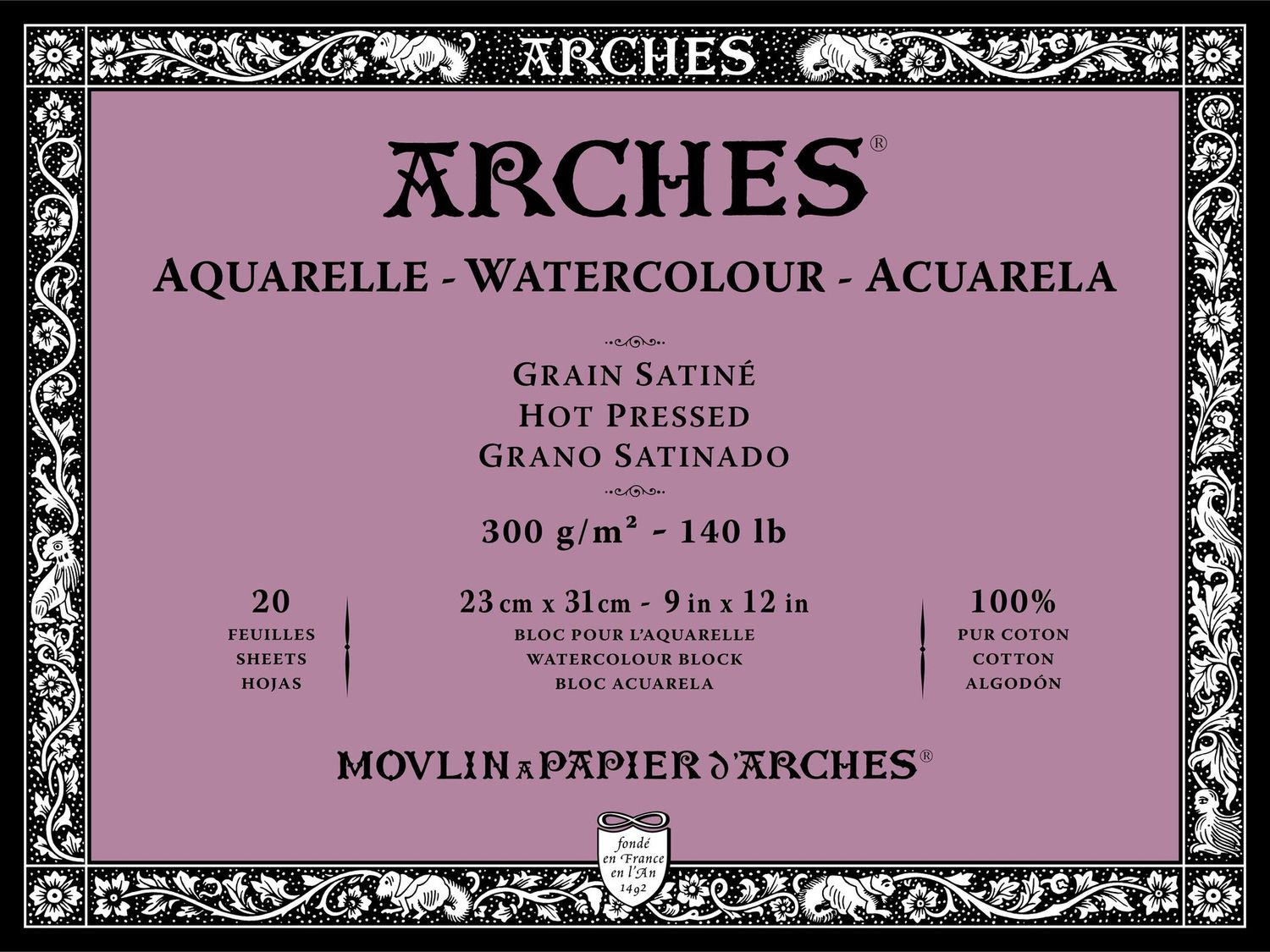 ARCHES WATERCOLOUR HOT PRESS BLOCK NATURAL WHITE 140LB 9X12