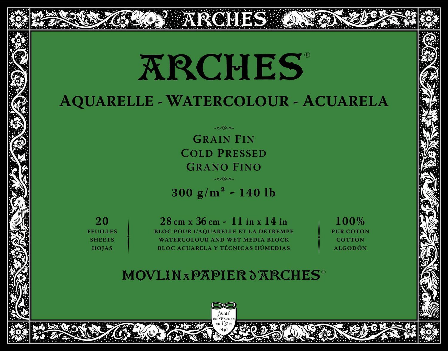 ARCHES WATERCOLOUR COLD PRESS BLOCK NATURAL WHITE 140LB 11X14