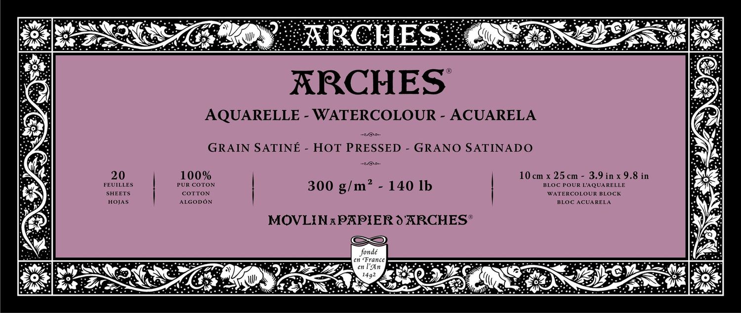 ARCHES WATERCOLOUR HOT PRESS BLOCK NATURAL WHITE 140LB 3.9X9.8