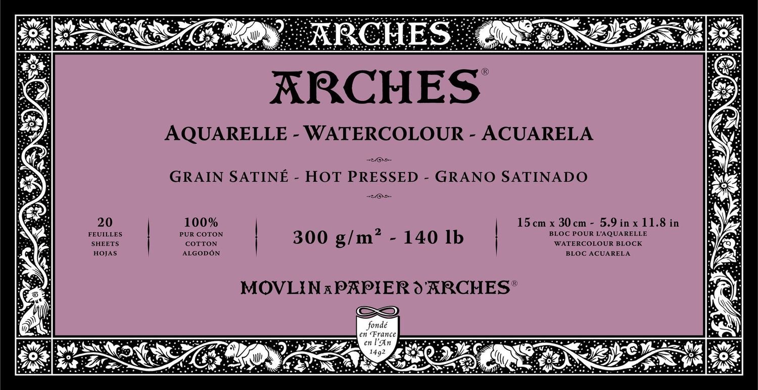 ARCHES WATERCOLOUR HOT PRESS BLOCK NATURAL WHITE 140LB 5.9X11.8