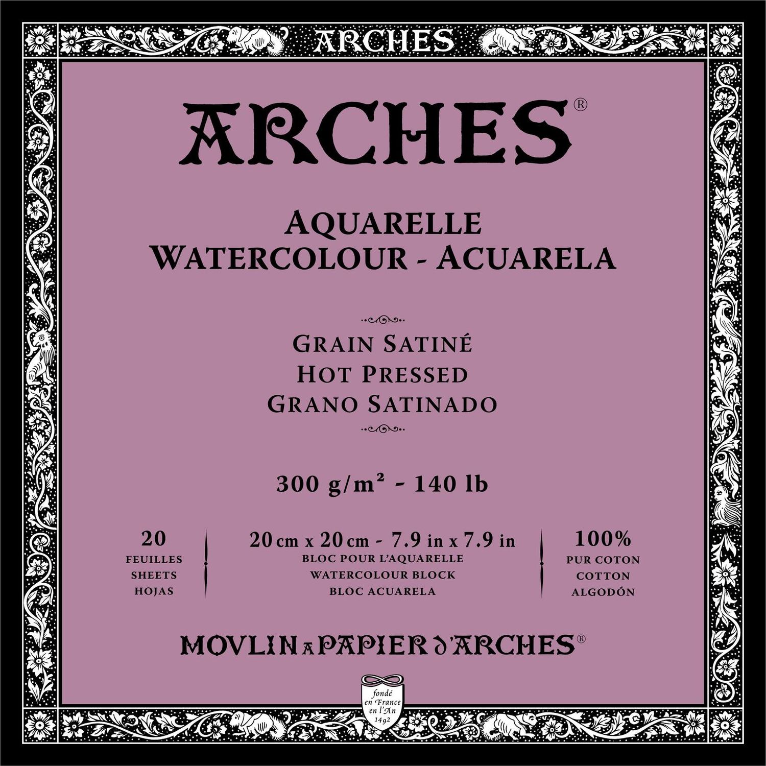 ARCHES WATERCOLOUR HOT PRESS BLOCK NATURAL WHITE 140LB 7.9X7.9