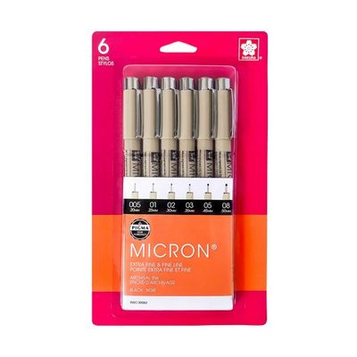 PIGMA MICRON BLACK PEN 005 TO 08 SET OF 6