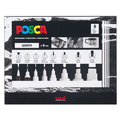 POSCA PAINT MARKER WHITE ASSORTED TIP 8PC SET