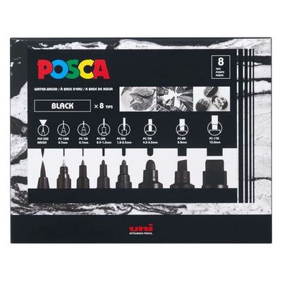 POSCA PAINT MARKER BLACK ASSORTED TIP 8PC SET