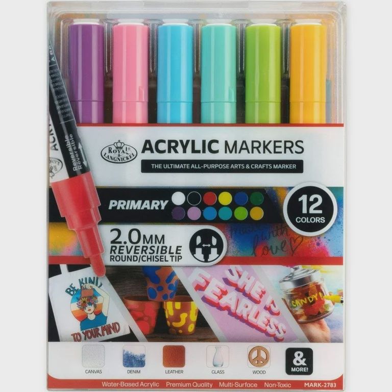 ROYAL ACRYLIC MARKERS 12PC PRIMARY COLORS REVERSIBLE TIP