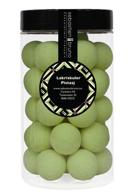 Lakriskuler med salt lakris trukket med hvit sjokolade og pistasj Stor