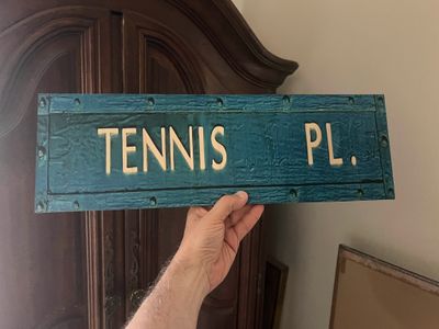 Tennis Pl street sign in Forest Hills on 100% maple wood