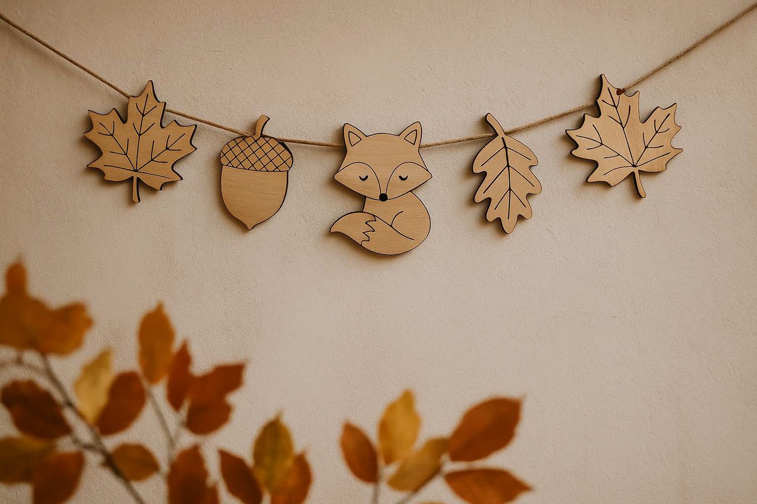 Houten Herfstslinger – Vosje, Bladeren & Eikel