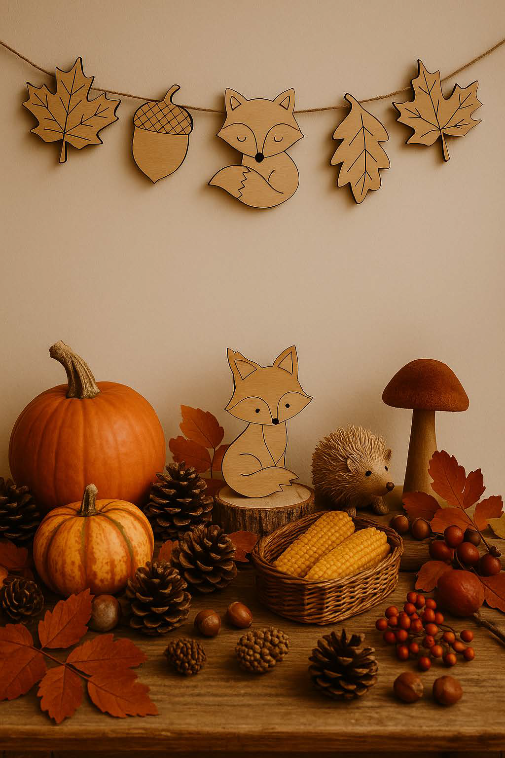 Houten Herfstslinger – Vosje, Bladeren & Eikel