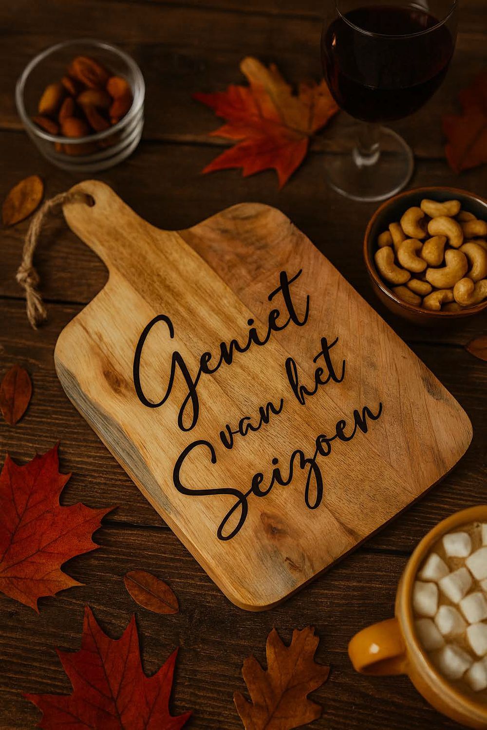 Houten borrelplank – Geniet van het Seizoen – Herfst & Winter sfeer