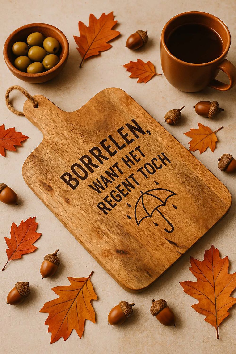 Houten borrelplank – Borrelen, want het regent toch – Herfst & Winter sfeer