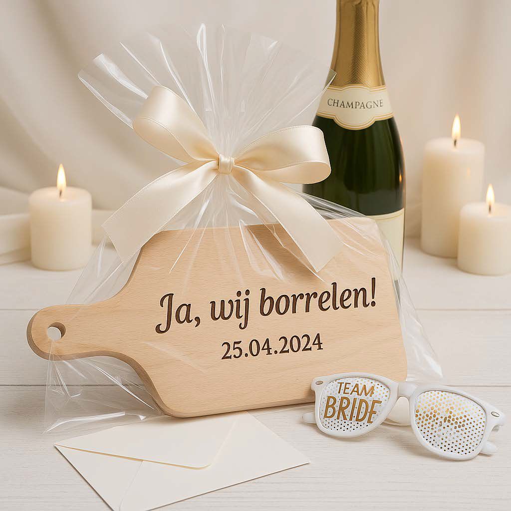 Borrelplank “Ja, wij borrelen!” met datum – Luxe huwelijkscadeau