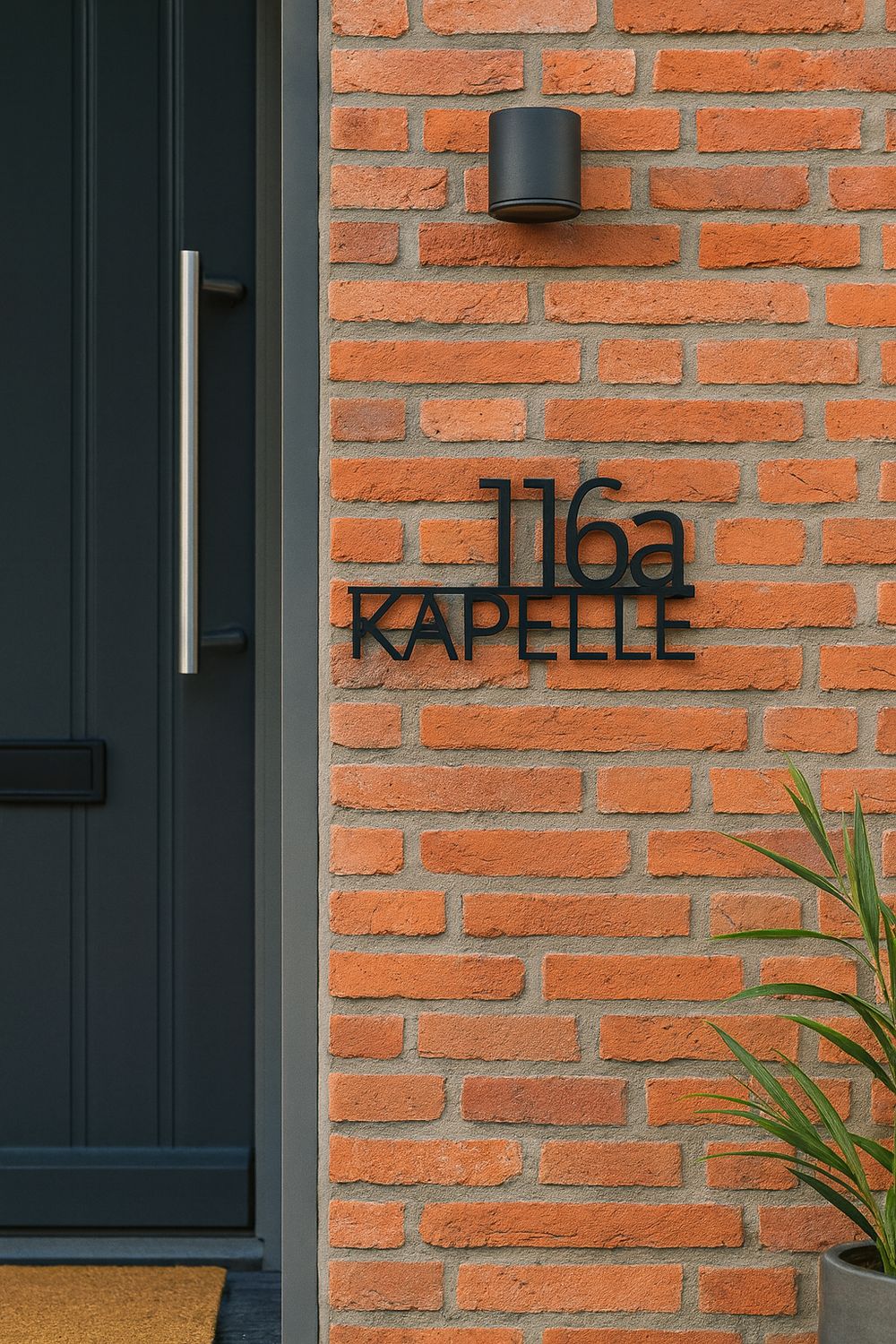 Naambord voordeur zwart RVS met huisnummer en familienaam gemonteerd met afstandshouders aan de achterkant naast voordeur