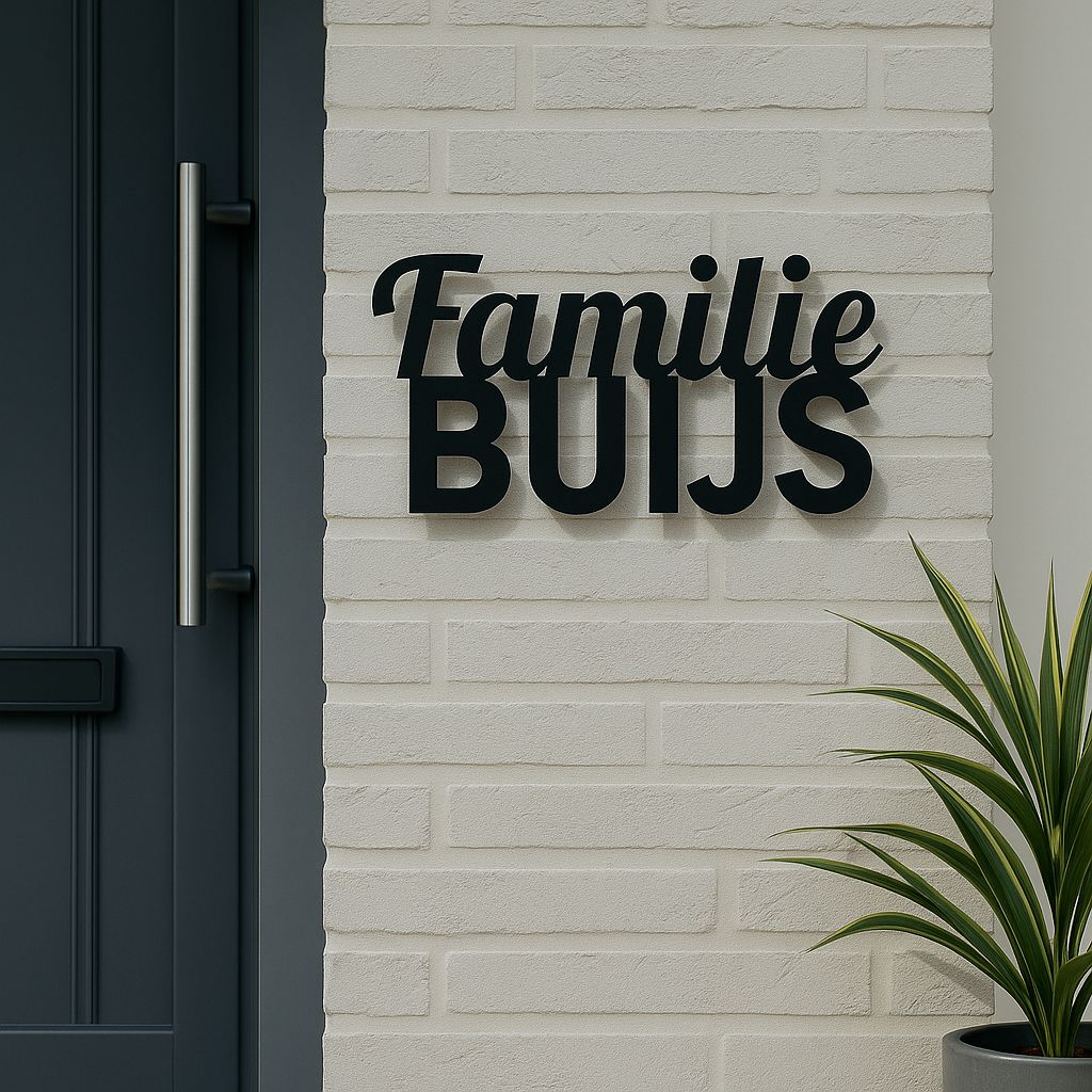 Naambord voordeur zwart RVS met huisnummer en familienaam gemonteerd naast voordeur met plant