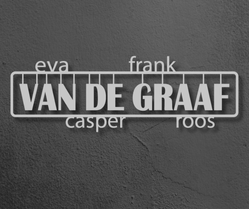 rvs naambord met voornamen en familienaam op grijze gevel