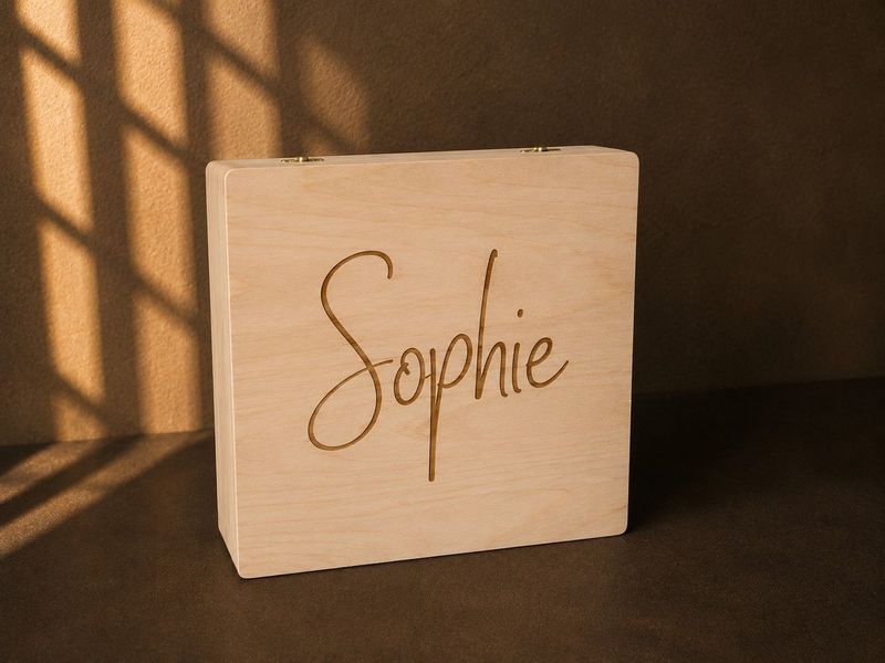 Houten geboortekist met naam Houten geboortekist met naam Sophie gegraveerd als persoonlijke herinneringskist voor baby