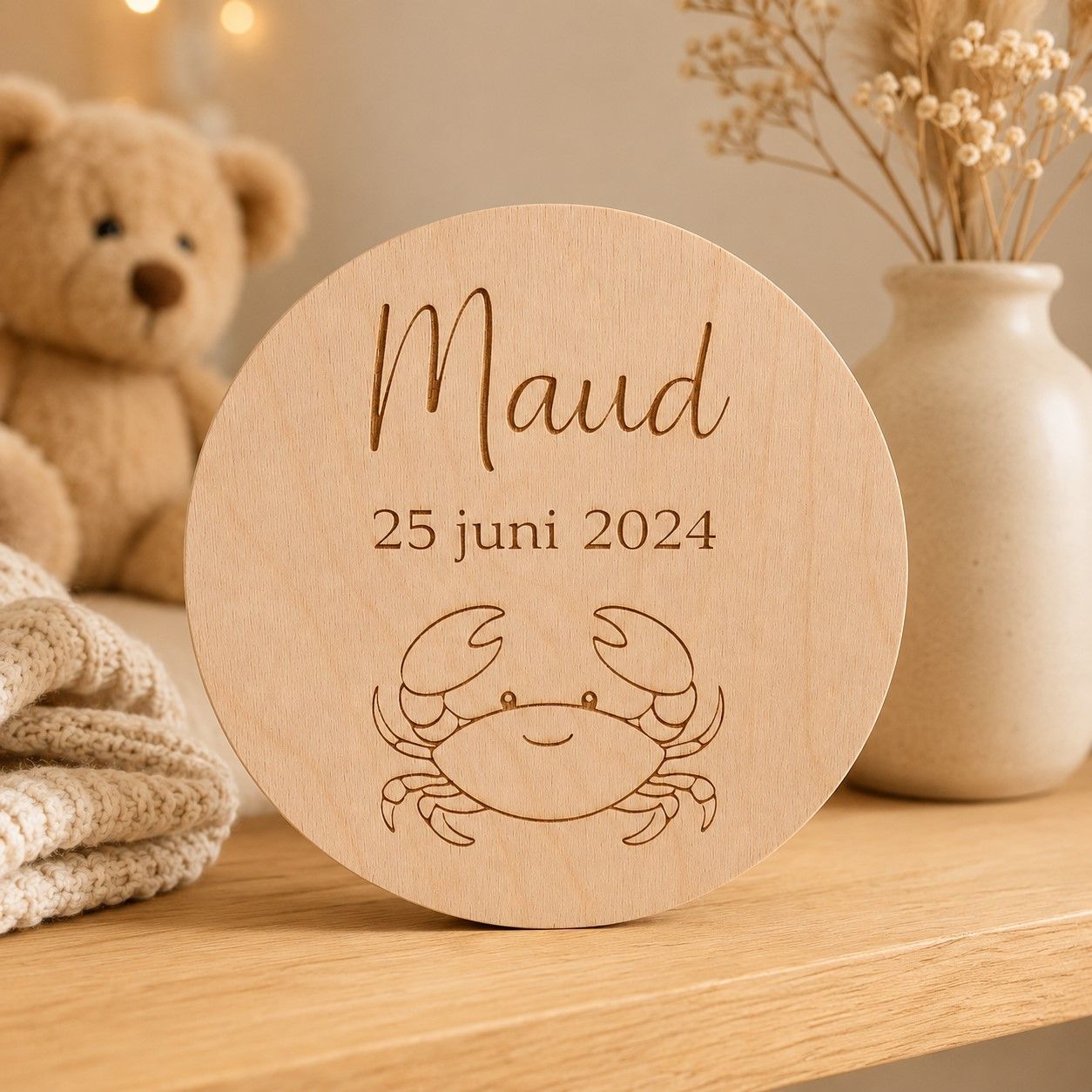 Rond houten geboortebord met naam en sterrenbeeld Rond houten geboortebord met naam en sterrenbeeld voor de babykamer