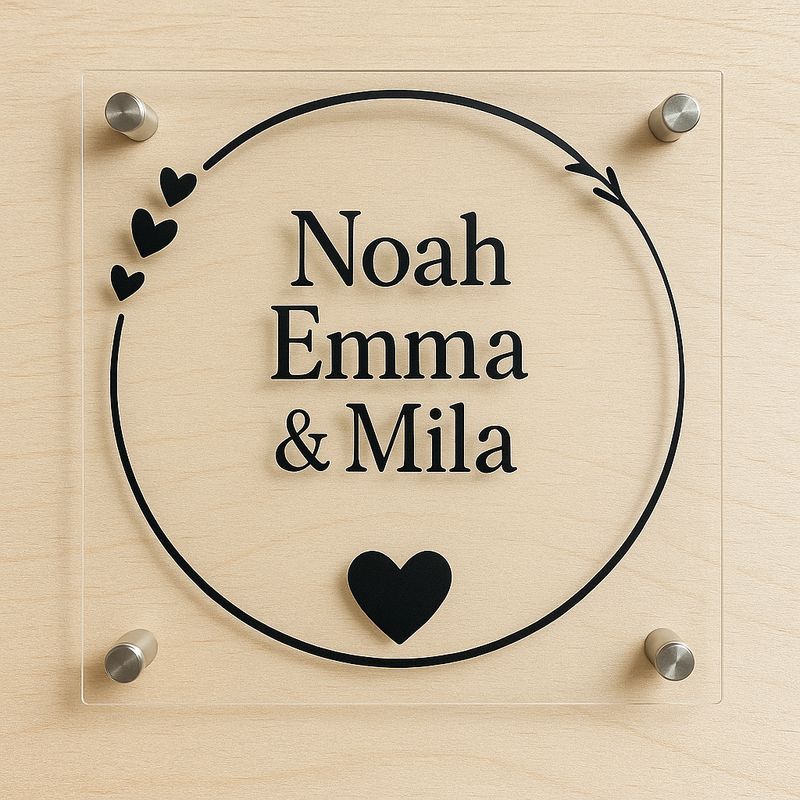 Plexiglas naambord met hartjes en namen Plexiglas naambord met hartjes en gepersonaliseerde namen voor de voordeur