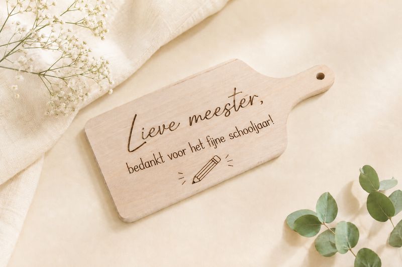 Houten borrelplank met tekst Lieve meester bedankt voor het fijne schooljaar als bedankcadeau voor de meester, 