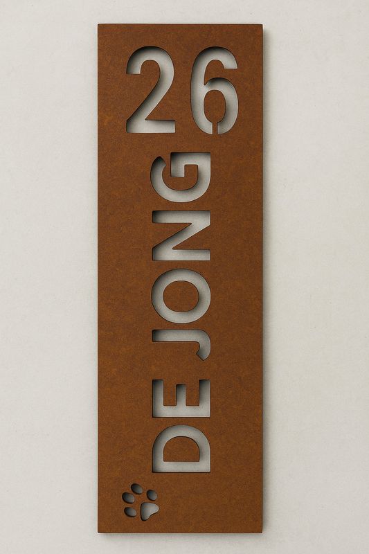 Verticaal cortenstaal naambord met huisnummer Verticaal cortenstaal naambord met huisnummer