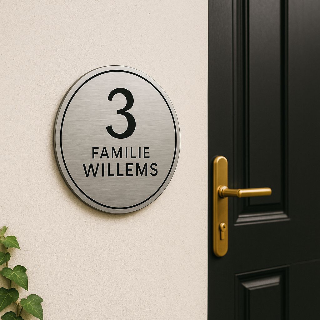 Rond gegraveerd RVS naambord met familienaam en huisnummer, modern en luxe ontwerp