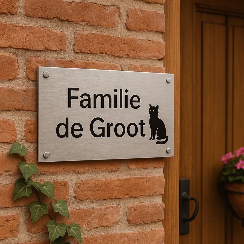 Gegraveerd RVS naambord met familienaam en dierenafbeelding, rechthoekig en persoonlijk ontwerp Gegraveerd RVS naambord met familienaam en dierenafbeelding, rechthoekig en persoonlijk ontwerp
