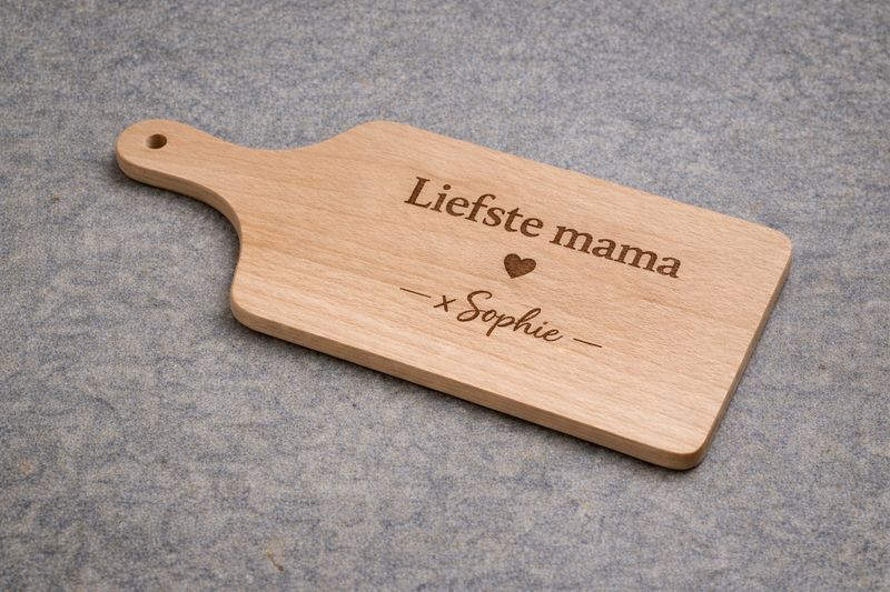 Houten borrelplank met gravure Liefste mama en hartje op grijze ondergrond