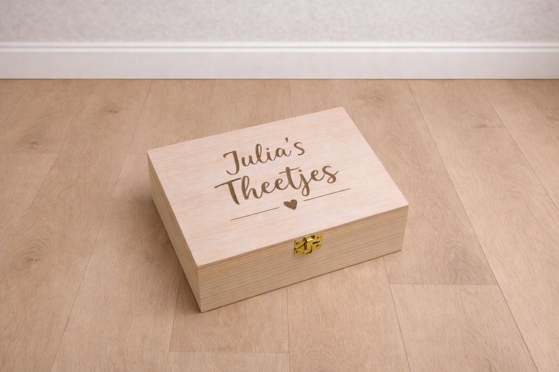 Houten theedoos met naam als gepersonaliseerd cadeau voor theeliefhebber