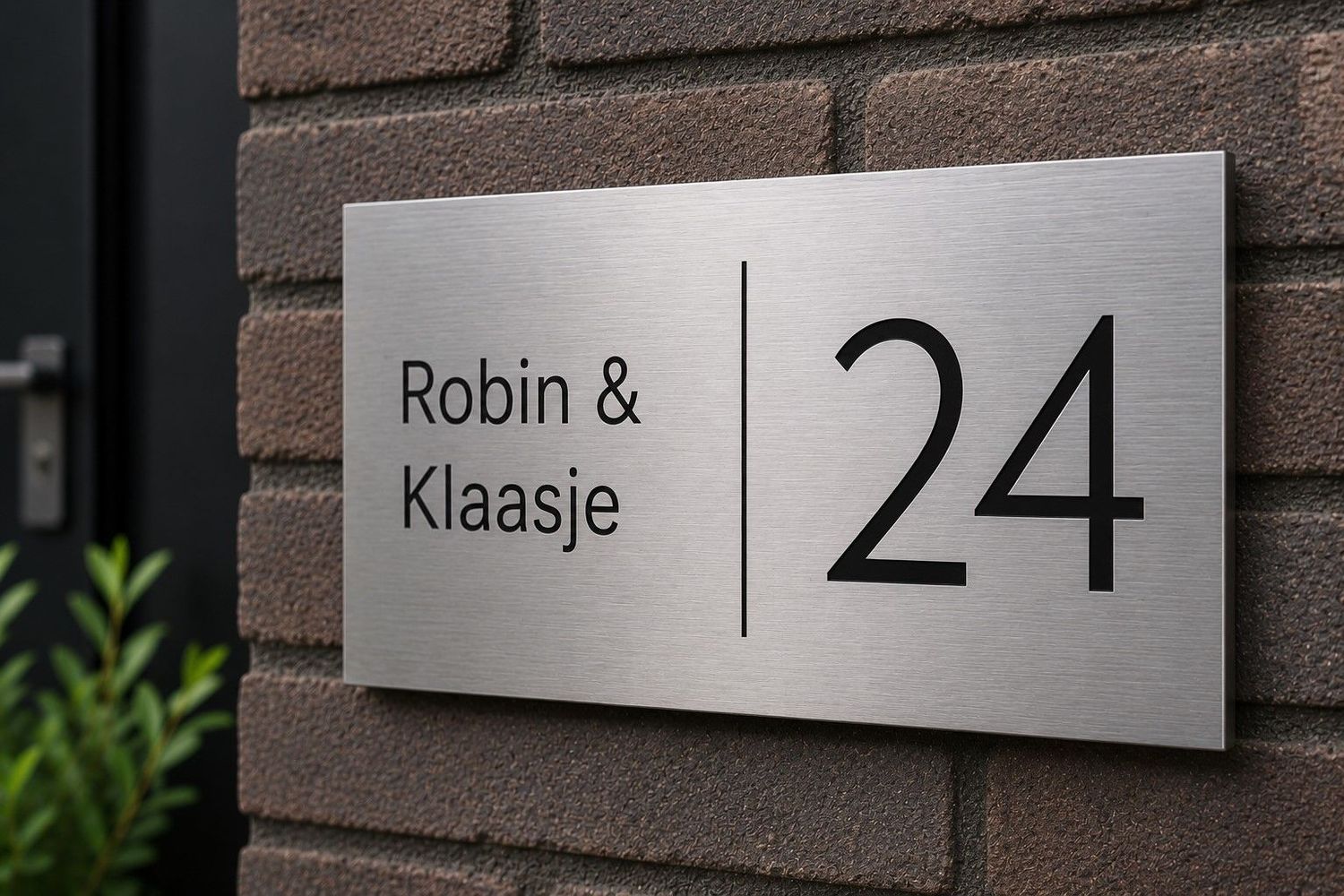 Naambord RVS 22 x 13 cm RVS naambord met twee namen links en groot huisnummer rechts op donkere stenen muur